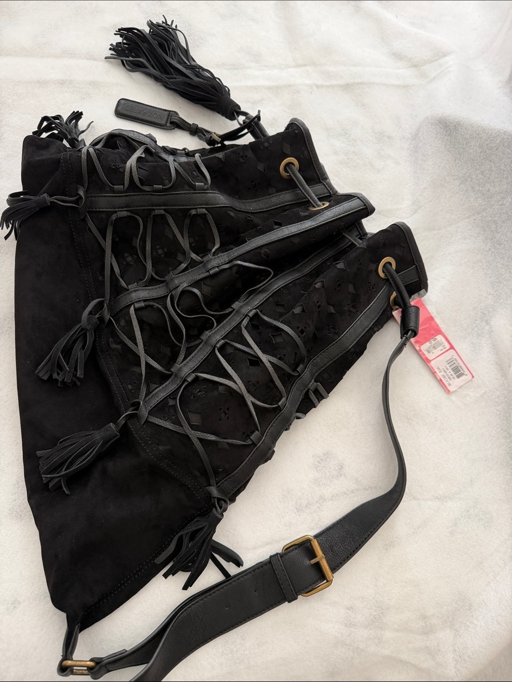 Not Rated Blaire Black Faux Suede Bucket Bag with Lace-Up Detail